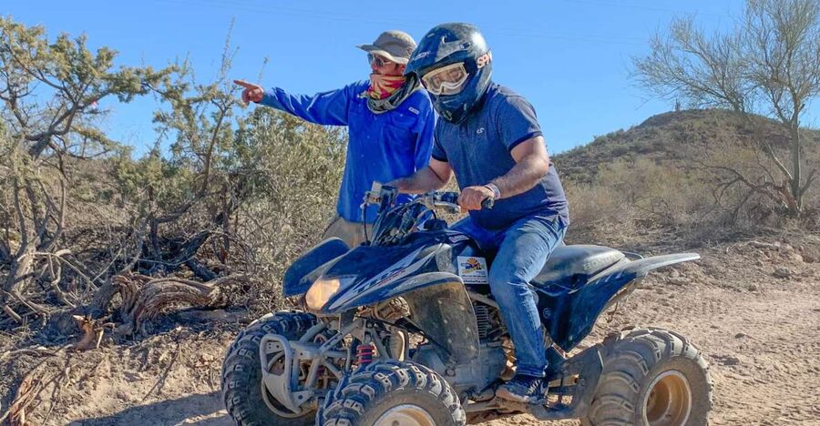 From Phoenix: Sonoran Desert Guided ATV Training - Helmet-and-goggles setup, plus strict shoe rules (don’t wing this)